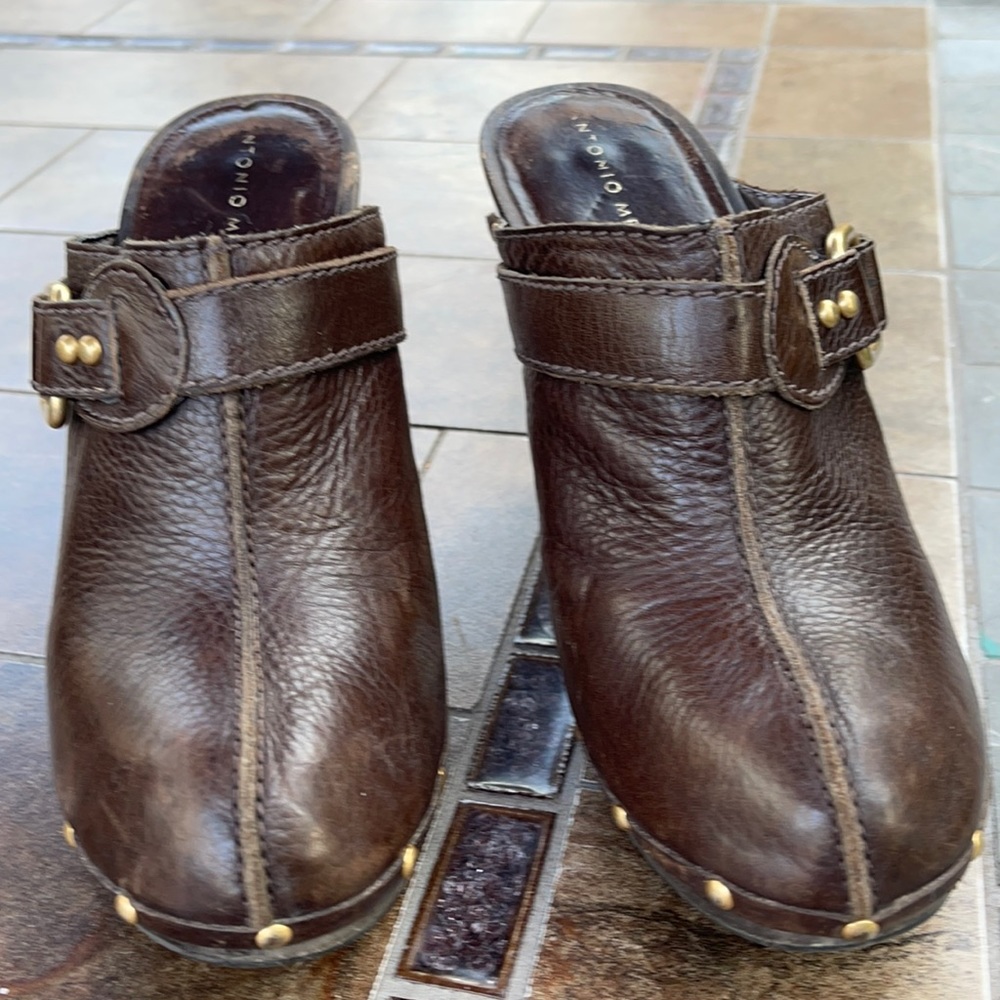 Antonio Melani Pacific Platform Mules are a Dark Brown Leather